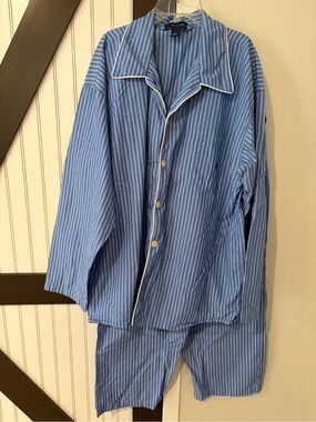 Ralph Lauren Blue & White Striped Pajama Set with Contrast Piping XL